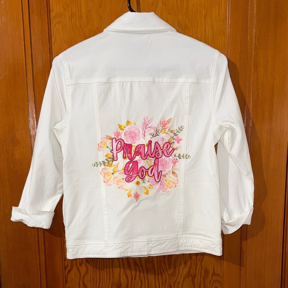 Christopher & Banks White Jean Jacket with Pink Floral Design